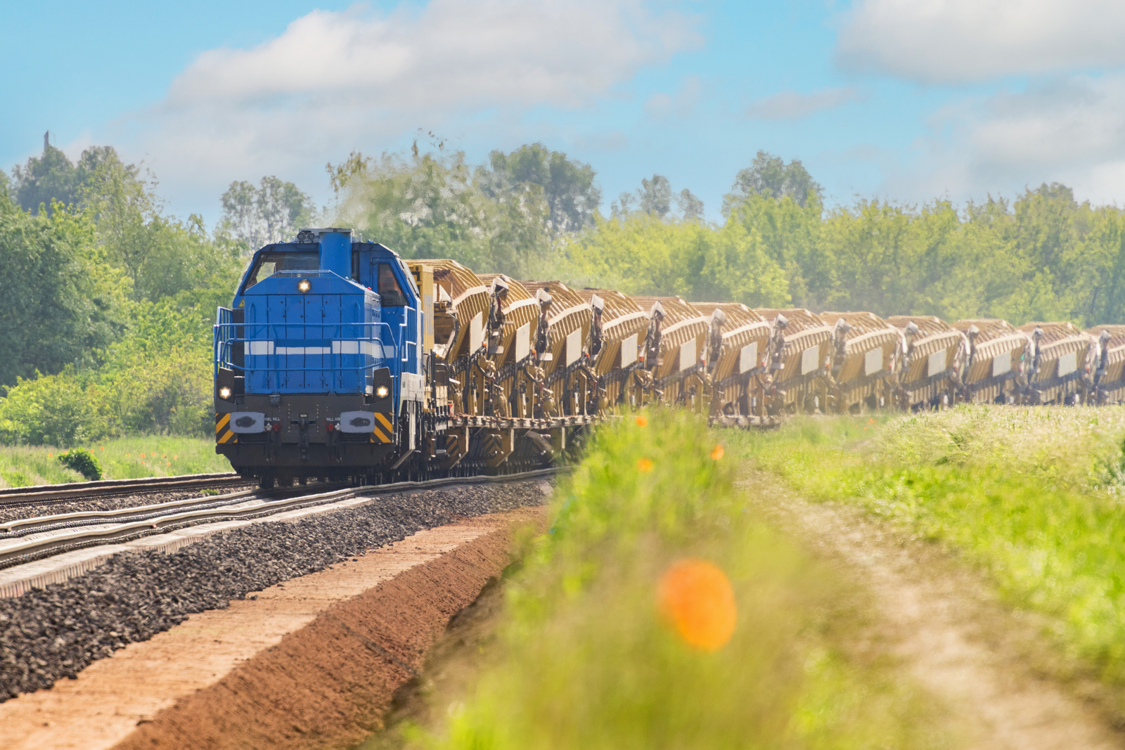 Eine Lok mit MFS-Wagen fährt übers Gleis.